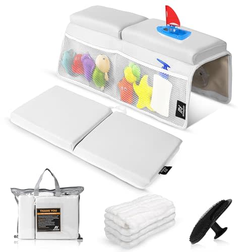 Baby Bath Kneeler & Elbow Rest Pad Set | Extra Thick 1.5” Foam That Relieves Knee & Elbow Pressure | Non-Slip Suction Stability | Machine Washable, Quick-Dry | Brush & Washcloth Gift Included