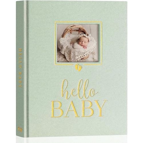 Lanpn Hello Baby Memory Book, Newborn First 5 Year Keepsake with DIY Window, Linen Baby Book Memories Journal Scrapbook Photo Book, Baby Milestone Album for Boy Girl New Parents (Green, 154 Pages)