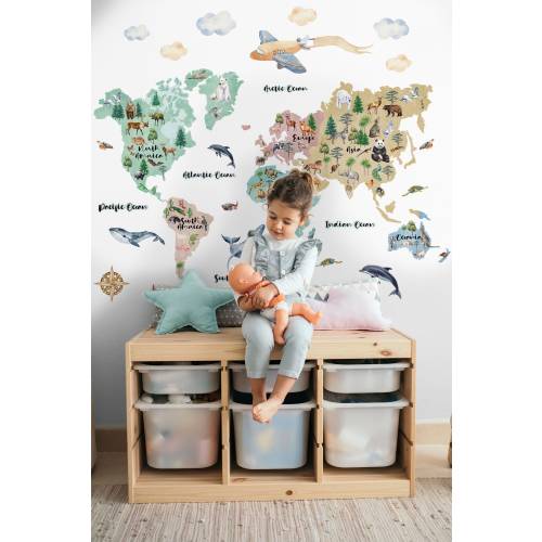 Kids Map Wall Decal Watercolor Kids World Map Wall Sticker