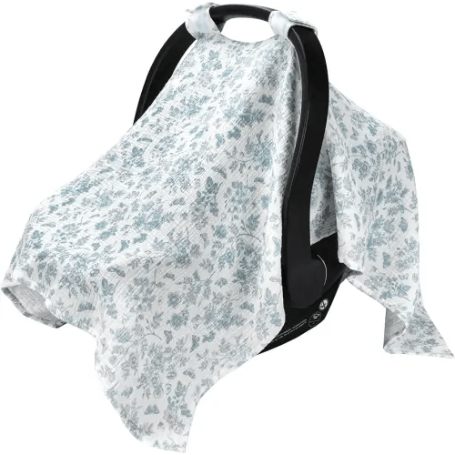 SERAPHY 100% Muslin Cotton Car Seat Covers for Babies - Universal, Breathable Canopies for Boys and Girls - Soft Summer Car Seat Cover - Blue Flowers