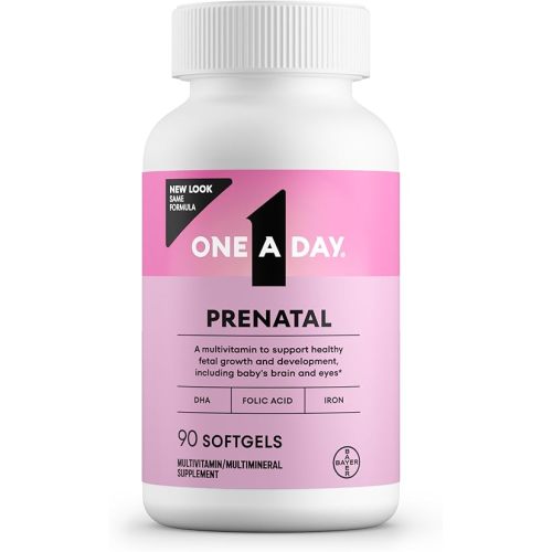 One A Day Prenatal Vitamins- Folic Acid, Iron, Omega- 3 (DHA), Pregnancy Vitamins for Women, Prenatal Multivitamin for Mom and Baby Support, Pregnancy Must Haves 90 Ct (Packaging May Vary)