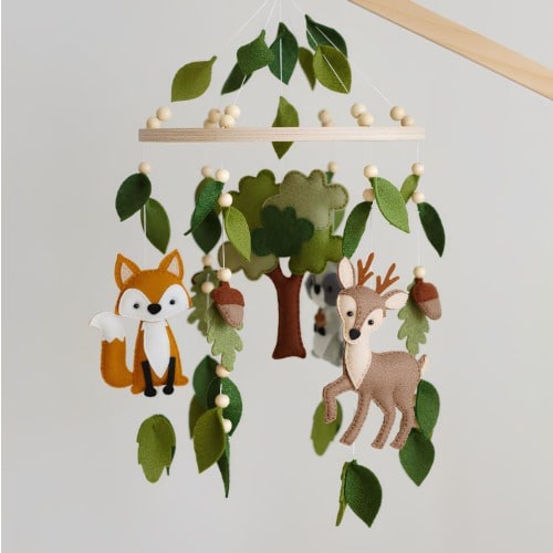 Woodland Felt Baby Mobile with Forest Animals — Fox, Deer & Raccoon - Forest Animals Crib Cot Mobile
