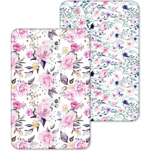 Pea Pod Pack N Play Sheets for Baby Girls, 2 Pack Floral Mini Crib Sheets Neutral, Stretchy Portable Playard Mattress Sheet Fitted, Ultra Soft Jersey Knit