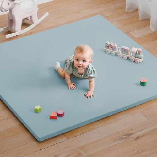 Baby Play Mat for Floor, 50x50 Vegan Leather Playpen Mat, Thickened Foam Cushioned Mat for Infants and Toddlers, Waterproof, Non-Slip & Stylish Playmat for Babies, Easy to Clean, Blue