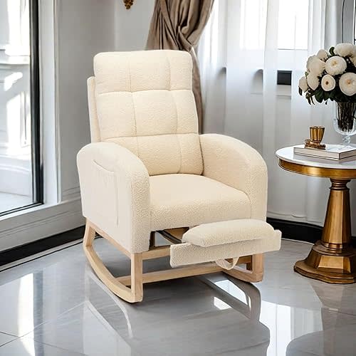 Nursery Rocking Chair with Adjustable Footrest for Living Room - Teddy Fabric, Solid Wooden Legs, Comfortable Lounge Armchair with High Backrest and Side Pockets (Contemporary, Green)