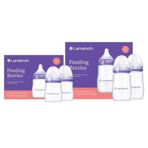 Lansinoh NaturalWave Newborn Gift Set – 3 Anti‑Colic 5 oz Bottles with S‑Flow Nipples + 3 Breastfeeding 8 oz Bottles with M‑Flow Nipples (6 Pack)
