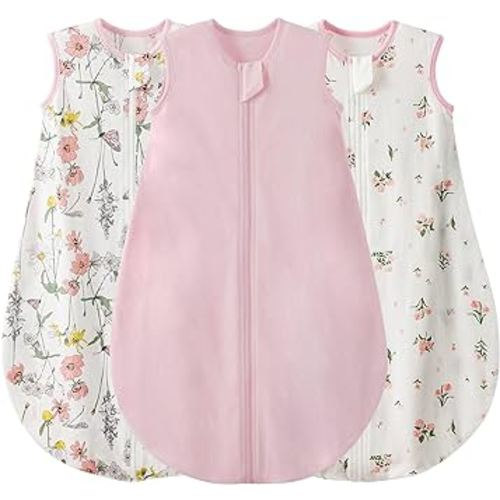 Duomiaomiao 3 Pack Baby Sleep Sack 100% Organic Cotton Lightweight Breathable Comfy Toddler Sleeping Sack (0.5tog Flowers, Small)