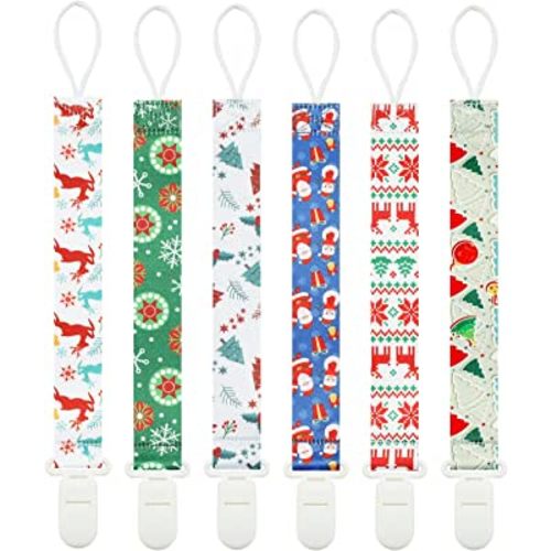 Christmas Pacifier Clips, 6 Pack Binkie Paci Holder for Boys and Girls Fits for Most Pacifiers, Teethers & Toys and Xmas Gift (Snowman,Snowflake)