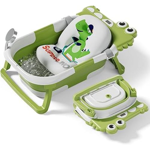 Collapsible Baby Bathtub for Newborn, Alligator Foldable Baby Bath Tub with Thermometer & Soft Floating Cushion & Drain Hole, Portable Travel Infant Bath Tubs for Newborns to Toddler 0-36 Months Girl