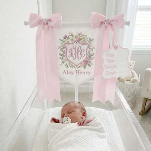 Personalized Baby Name Banner with Floral, Custom Nursery Crib Banner, Embroidered Baby Name Sign,Newborn Photo Prop Decor,Baby Shower Gift