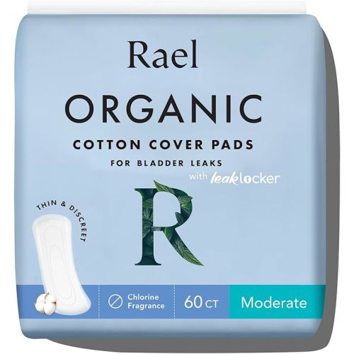 Rael Incontinence Pads for Women, Organic Cotton Cover, Postpartum Essential, Heavy Absorbency, Bladder Control, 4-Layer Core with Leak Guard Technology, Long Length (Moderate, 60 Count)