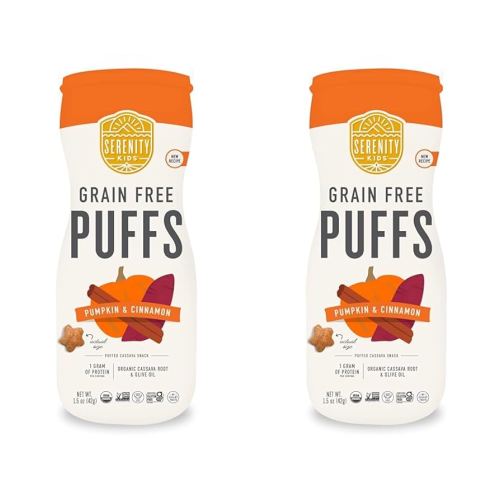 Serenity Kids 6+ Months Grain Free Puffs Toddler & Baby Snack | No Added Sugar, Gluten & Rice Free, Allergen Free | Made with Organic Cassava, Veggies, and Herbs | Pumpkin & Cinnamon | 1 Count