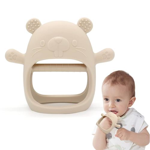 Baby Teething Toys - Never Drop Hand Wrist Teether, Food-Grade Silicone Mitten Teether for Soothing Teething Pain Relief, Easy to Grip Groundhog-Beige