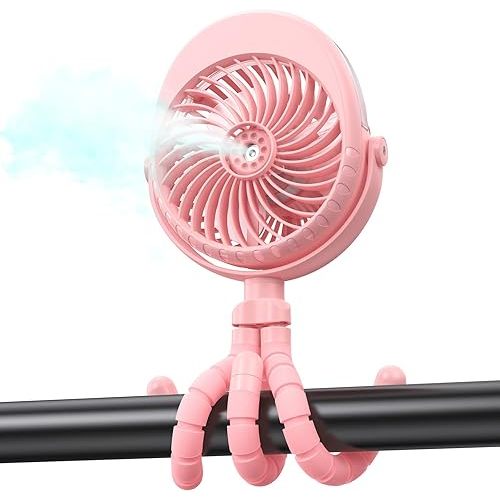 Portable Stroller Fan with Mist, Rechargeable Misting Fan with Flexible Tripods, 360° Pivot Personal Mister for Cooling Outdoor Travel Beach Umbrella Wagon Crib Treadmill Car