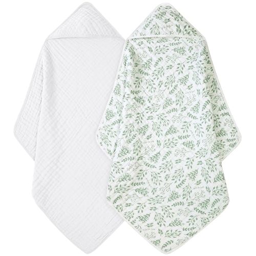 Baby Bath Towels, 100% Muslin Cotton Hooded Baby Towels for Newborn, Baby Towels with Hood for Infant Toddler and Kids, Large 32x32Inch, Soft and Absorbent - White & Leaf - 32*32 Inch (2 Pack)