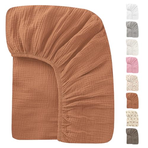 Knirose 52x28 Inches Muslin Crib Sheets Fitted Crib Mattress Sheet for Baby Girls & Boys, 100% Cotton, Soft Boho Neutral Toddler Bedding Bed Sheets Fits Well Standard Size Crib Mattress 28x52 Inches