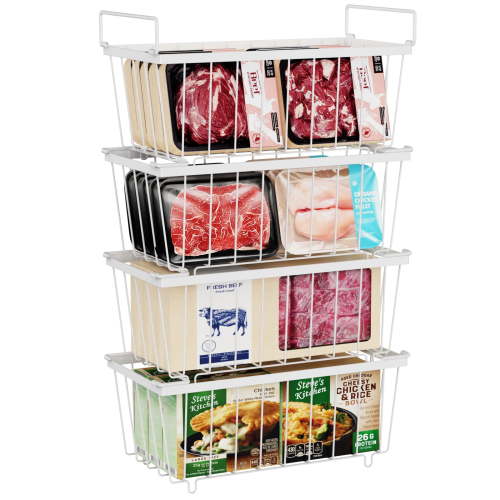 iSPECLE Freezer Organizer Bins - 4 Pack Stackable Freezer Baskets for 7 Cu.FT Chest Freezer Add More Space Chest Freezer Organizer with Handles Easily Sort and Get Food from the Bottom, White