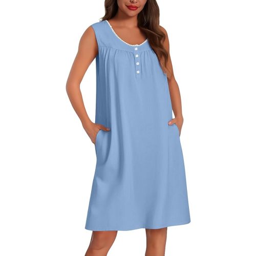 Ekouaer Cotton Nightgowns for Women Tank Sleeveless Night Gowns Lace Button Sleep Dress House Dress with Pockets S-3XL