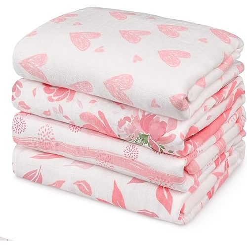 GLLQUEN BABY Muslin Swaddle Blankets 4-Pack Breathable Receiving Blankets Boys Newborn Essentials Muslin Burp Cloths Swaddle Wrap Baby Gift (Flower) | 4-Pack, Receiving Blankets