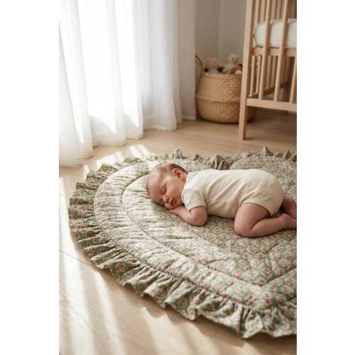 Heart Shaped Baby Play Mat, Vintage Blue Floral Ruffle, Padded Cotton
