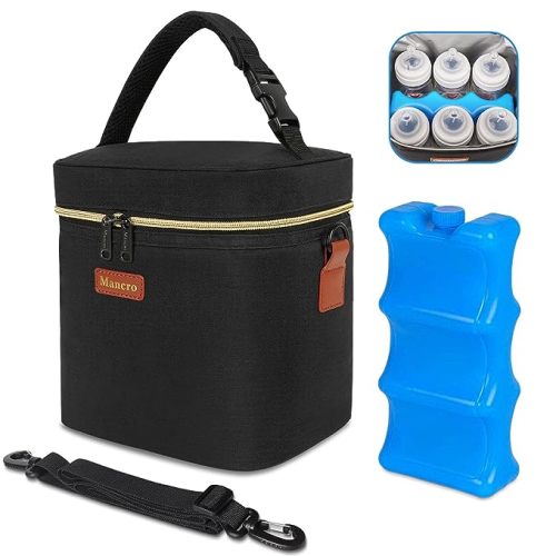 Mancro Breastmilk Cooler Bag with Ice Pack, Fits 6 Baby Bottles Up to 9 Ounce Insulated Baby Bottle Bag, Breast Milk Cooler on The go with Strap, Baby Bottle Cooler Bag for Nursing Mom Daycare, Black