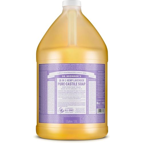 Dr. Bronner's - Pure-Castile Liquid Soap (Lavender, 1 Gallon) - Made with Organic Oils, 18-in-1 Uses: Face, Body, Hair, Laundry, Pets and Dishes, Concentrated, Vegan, Non-GMO