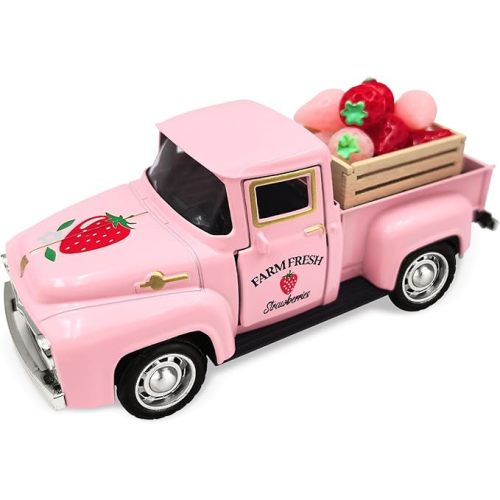 Strawberry Decor 5 Inch Vintage Truck with Mini Fake Strawberries and Wooden Crate Farmhouse Tiered Tray Decor Berry Sweet Summer Kitchen Centerpieces for Tables Strawberry Shortcake Decorations