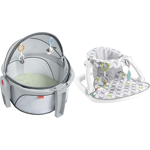 Fisher-Price Baby Portable Bassinet and Play Space On-The-Go Baby Dome & Portable Chair Sit-Me-Up Floor Seat with Developmental Toys & Machine Washable Seat Pad, Starlight Bursts