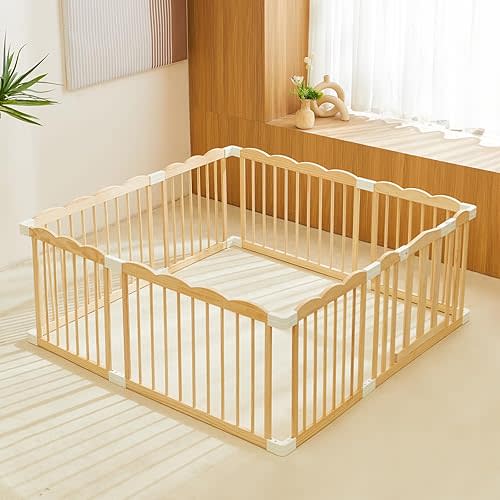 UInxiy Wooden Playpen & Wooden Playard for Babies and Toddlers,Wooden Large Shape & Size Adjustable Baby Fence,Corrales para Bebes and Baby Activity Centers with Locking Gate,Indoor use