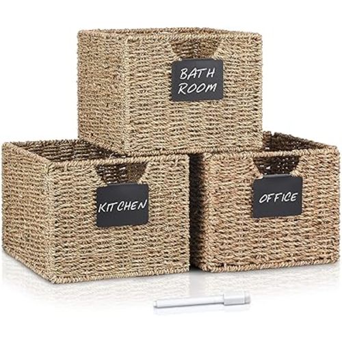 Seagrass Storage Baskets with Labels, 10.5x9x7.5in Wicker Storage Basket, Storage Baskets for Shelves Set of 3, Pantry Baskets Organization,Kitchen Storage Baskets, Bathroom Shelves Storage Basket