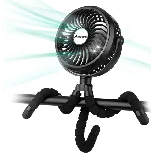 Battery Operated Stroller Fan Flexible Tripod Clip On Fan with 3 Speeds and Rotatable Handheld Personal Fan for Car Seat Crib Bike Treadmill (Black)