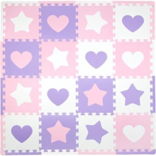 Tadpoles Hearts and Stars Foam Playmats for Kids, 16 Interlocking Foam Tiles, Waterproof, Durable, and Long-lasting | Total Floor Coverage 50” x 50” | For Ages 3 and Up | Pink, Purple, and White