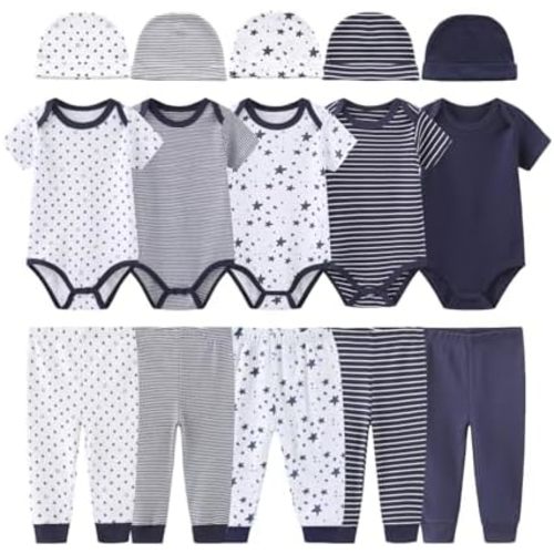 0-12 Months Unisex Baby Pants Sets New born Bodysuit and Hats 15 Pack Boy Girl Infant Comfort Outfit Clothes