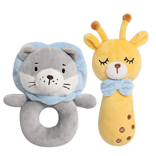TILLYOU Plush Rattle Toys for Baby Set of 2 - Soft Plush Stuffed Animal Rattle for Newborns, Rattle Shaker Set for Infants, Gifts for Girls Boys, Shaker & Teether Toys for 3 6 9 12 Months