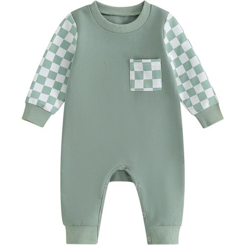 Checkerboard Baby Clothes Newborn Baby Boy Girl Fall Outfit Plaid Romper Jumpsuits Hoodie Sweatshirt Tops Outfit - 6-12 Months - Green