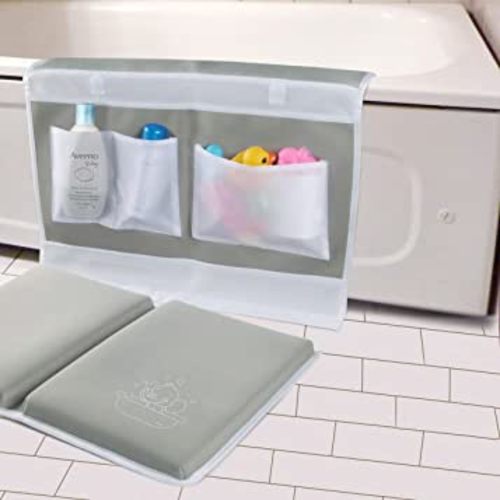 Bath Kneeler and Elbow Rest Pad Set - 1.5" Thick Bath Kneeling Pad with Toy Organizer - Large Safty Kneeler Mat for Tub Bathing and Bathroom Time - Detachable and Foldable Child Bath Tub Mat - Gray