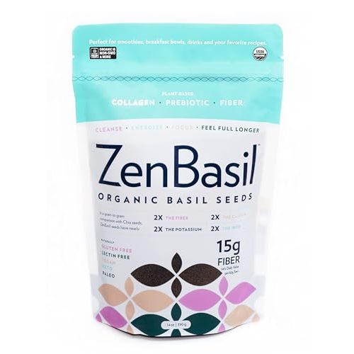 Zen Basil Seeds | edible basil seeds usda organic, kosher, non-gmo, lectin free, gluten free, plant based, keto, paleo, vegan | 15g fiber per/serv | 14oz | more fiber than chia seeds | prebiotic