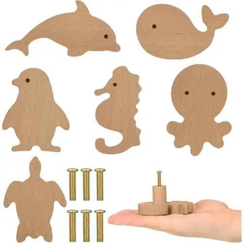 Qunclay Wooden Animal Cabinet Knobs Decorative Wood Dresser Knobs with Screws Dresser Pulls Wood Marine Woodland Animals Knobs Furniture Knobs Nursery Drawer Handles for Decor (Sea Animal, 6 Sets)