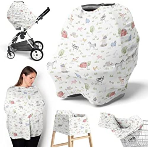 Sweet Jojo Designs Farm Animals Boy Girl Infant Baby Car Seat Cover Nursing Breastfeeding Shopping Cart Stroller Canopy Grey Red Black and White Gender Netural Watercolor Farmhouse Green Barn Horse