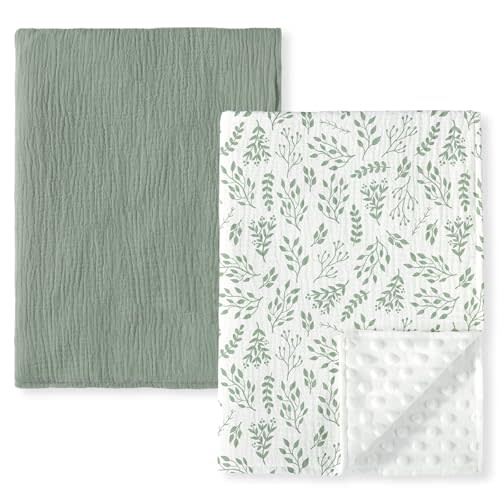 Yoofoss Baby Blankets for Unisex Boys Girls, 2 Pack Super Soft Nursery Minky Blankets with Muslin Cotton Front and Dotted Fleece Backing, Printed Bed Throws Newborn, 30x40 Inches