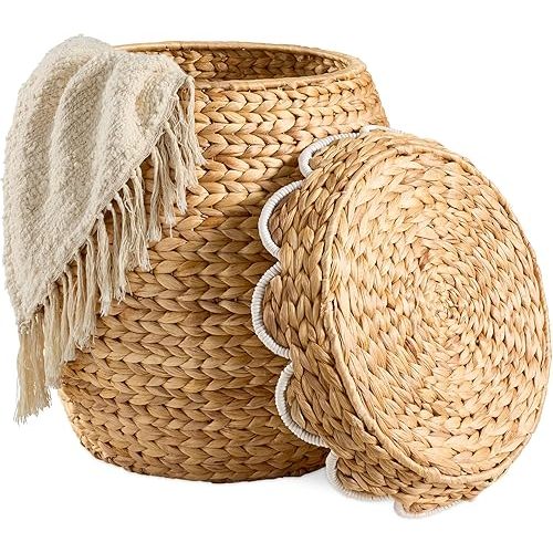 Best Choice Products Scalloped Multipurpose Hyacinth Storage Basket, Plant Décor, Handwoven Organizer Tote for Bedroom, Living Room, Nursey, w/Lid - Natural with White Trim