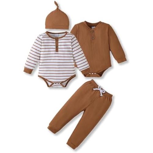 NZRVAWS Newborn Baby Boy Girl Clothes Stripe Romper Pants Hat Boys Outift 2-Pack Infant Clothing Set 4 Pieces 0-18M