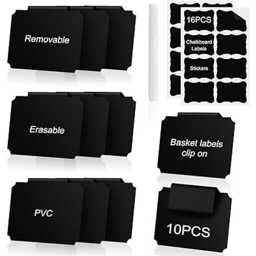 27 PCS Basket Labels Clip On Set, Storage Bin Label for Basket Tags, 10 Removable Bin Labels Clip On, 1 Chalk Markers, 16 Tag Stickers