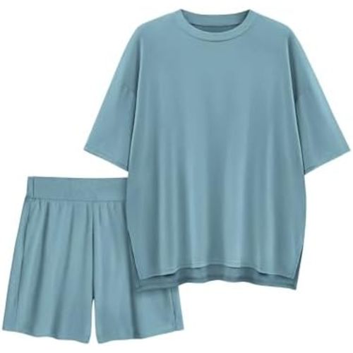 Womens 2 Piece Lounge Sets 2025 Summer Travel Outfits Casual Short Sleeve Oversized Tshirts Tops Biker Shorts