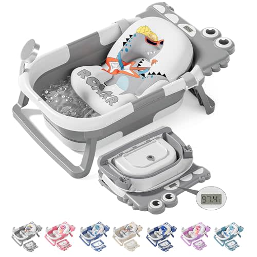 TPN Collapsible Baby Bathtub, Baby Bath Tub with Soft Cushion & Real-Time Thermometer, Baby Bathtub Infant to Toddler Tub (0-36 Months), Portable Newborn Travel Bath tub