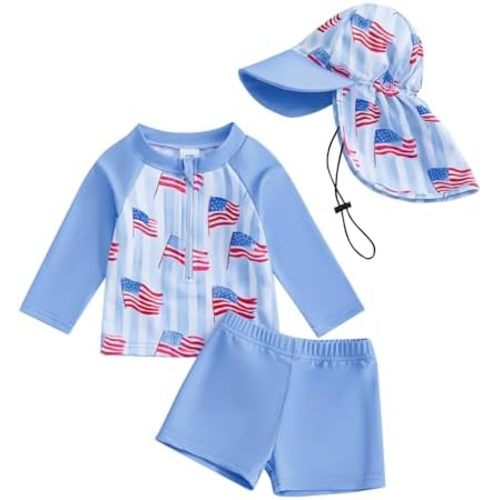 Baby Boy Swimsuit Set Toddler Rash Guard Swimwear Short Sleeve Swim Shirt Trunks with Sunhat 3Pcs Beachwear