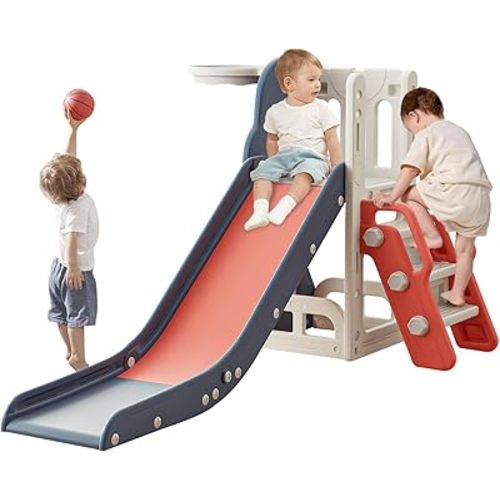 Toddler Slide,Kids Climber Slide with Storage Space and Non-Slip Steps,Indoor Outdoor Playset with Basketball Hoopa and Telescope,Slide for Toddlers Age 1-3