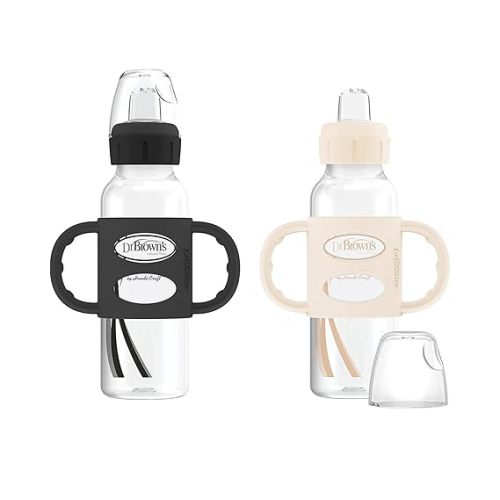 Dr. Brown's Milestones Narrow Sippy Spout Bottle with 100% Silicone Handles, Easy-Grip Handles with Soft Sippy Spout, 8oz/250mL, Black & Ecru, 2 Count (Pack of 1), 6m+