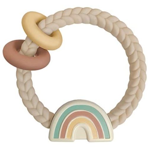 Itzy Ritzy Silicone Teether with Rattle; Features Rattle Sound, Two Silicone Rings and Raised Texture to Soothe Gums; Ages 3 Months and Up; Neutral Rainbow