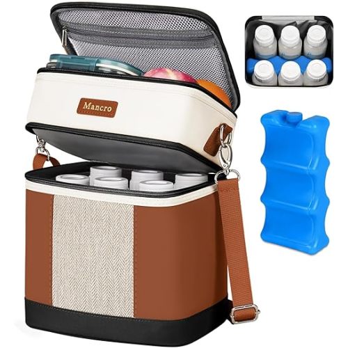 Mancro Breast milk Cooler Travel Bag Fits 6 Bottles Up to 9 Ounces,Double Layer Baby Bottle Cooler Bag with Ice Pack,Insulated Baby Bottle Bags for Daycare & Nursing Moms,Black and Brown